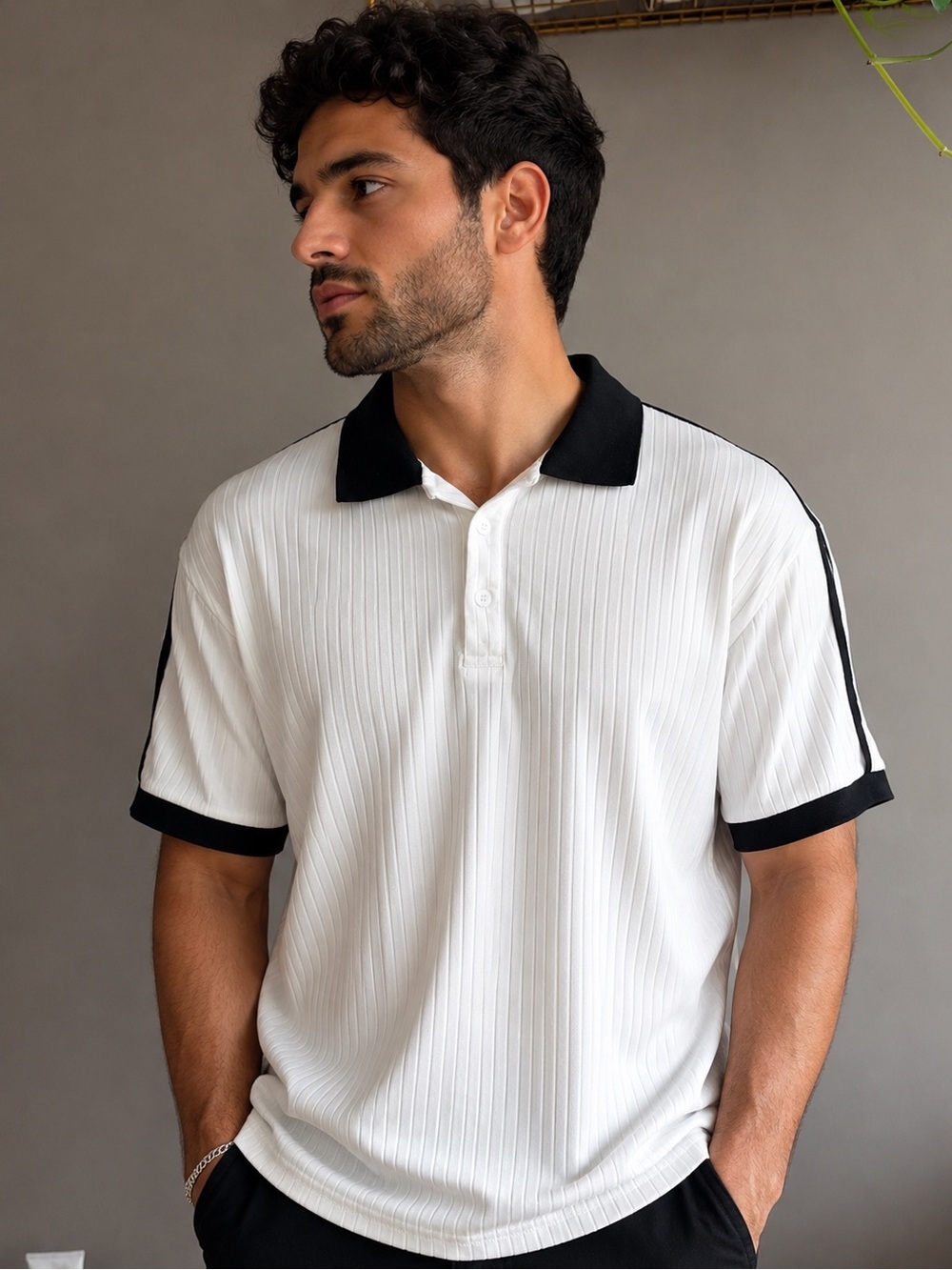 Men’s White Ribbed Polo Shirt with Black Trim – Size Large
